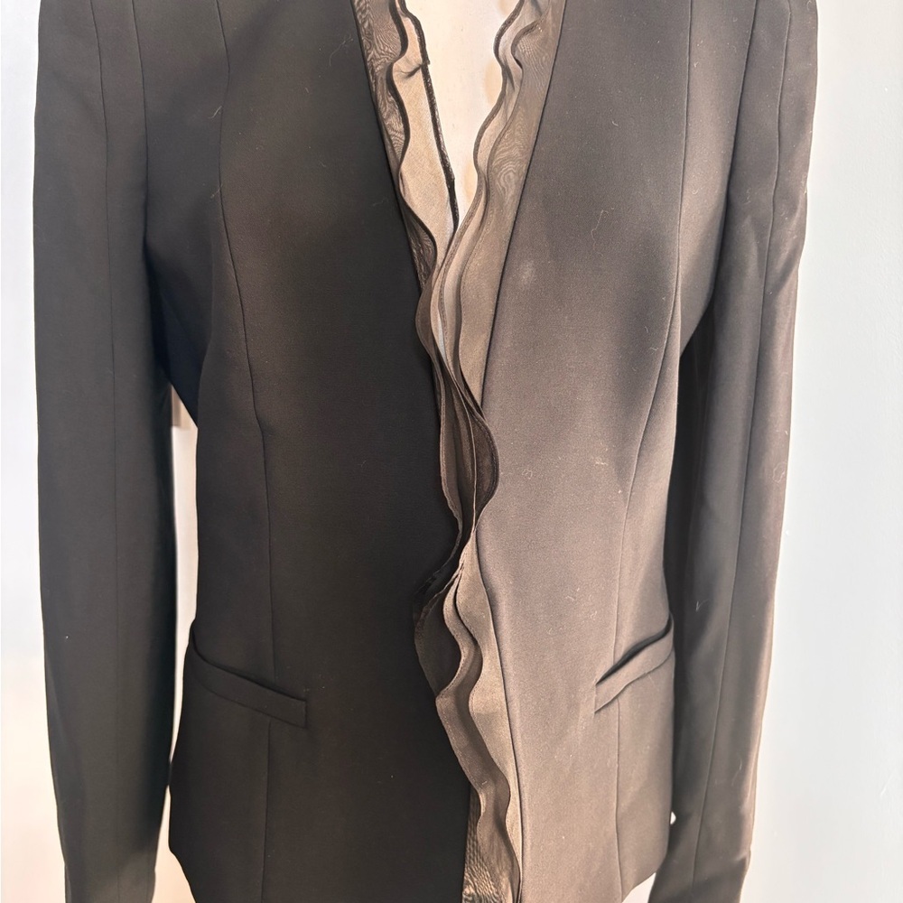 Vintage Louis Feraud Black Wool and Silk Blazer with Ruffled Trim - Picture 3 of 14